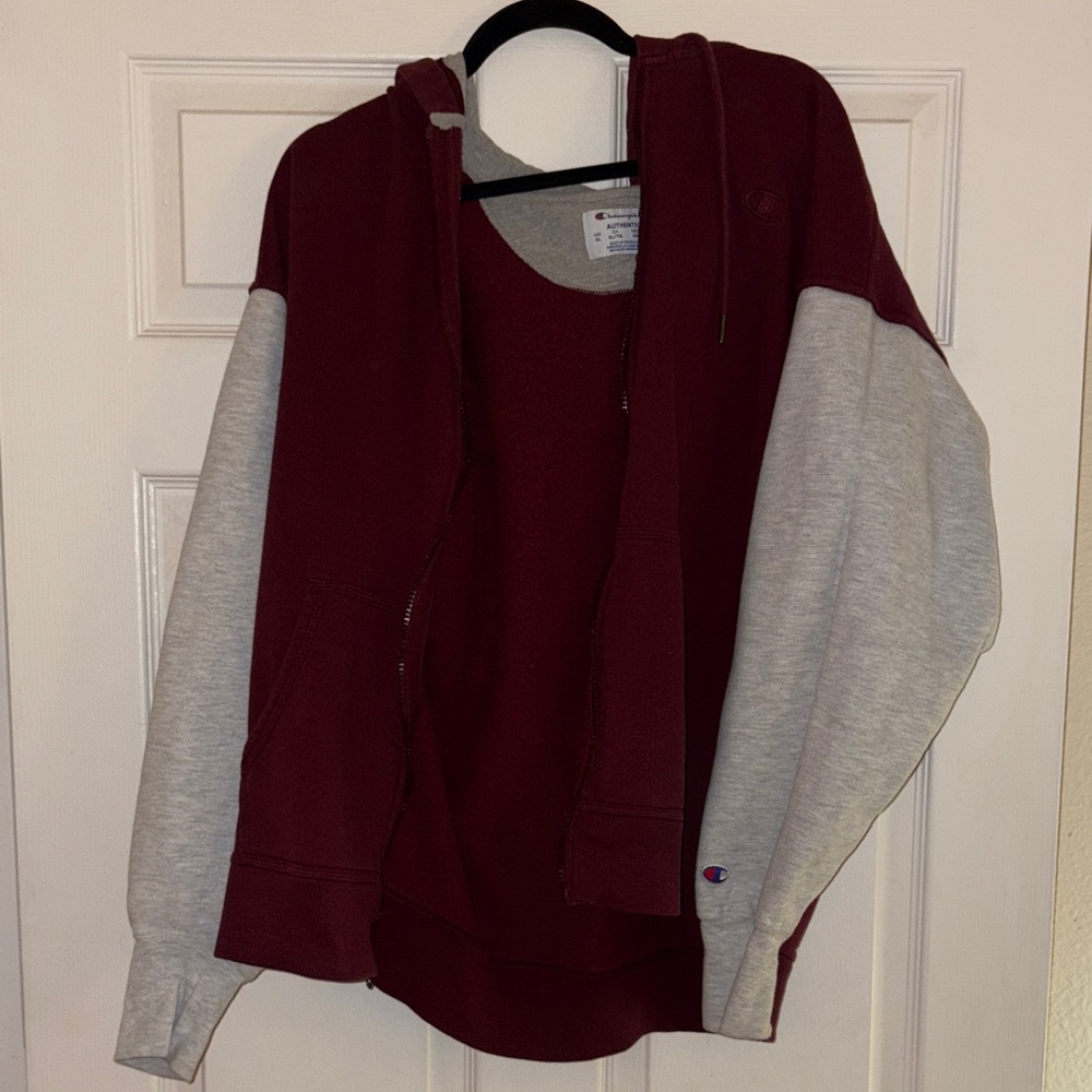 Champion Women's Burgundy and Light Gray Hoodie